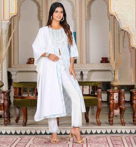 <b>White</b> Floral Embroidered Cotton Gathered Kurta Set <b>For</b> Women With Round Neck And 3/4th Sleeves Paired With Pant And Dupatta - Product Image 1
