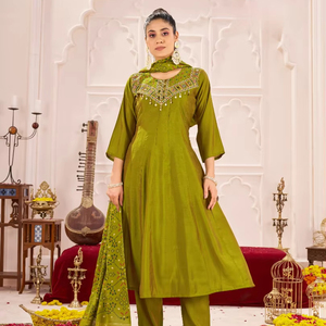 Costume Anarkali en soie romaine bicolore pure broderie fantaisie intérieur en coton doux 3 pièces Diwali ensemble de fête pour vêtements indiens pakistanais - Product Image 1