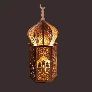 Houten Led Paleis Lantaarn Moslim Houten Nachtlampje Lantaarn Ambachten Ornamenten Voor Eid Mubarak Feest Decor