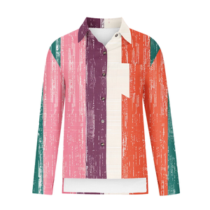 OEM Design personnalisé 100% Chemise décontractée à manches longues pour femmes en lin Col tournant Bouton Coupe régulière Couleur contrastée Rayé BD Front - Product Image 3