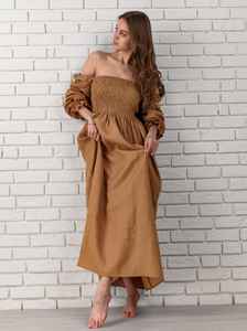 Robe longue décontractée élégante à manches longues et épaules dénudées en lin personnalisée pour femmes en gros - Product Image 3