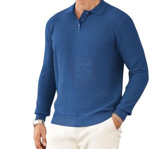 Polo à manches longues bleu royal pour homme, texture gaufrée, chemise décontractée, automne hiver, chaud, logo personnalisé, vente en gros - Product Image 4