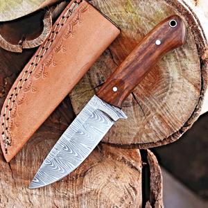 มีดล่าสัตว์เหล็กดามัสกัสใช้มือปลอมใบมีดคงที่ปลอกหนังมีการออกแบบใหม่มีดคาวบอย - Product Image 2