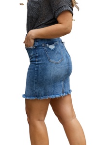 Falda vaquera cargo vintage personalizada con múltiples bolsillos, falda vaquera informal para mujer con lavado ácido. - Product Image 2