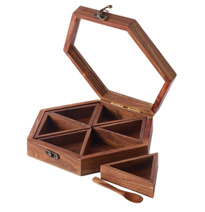 Boîte à épices en bois d'acacia élégante de qualité supérieure Couvercle classique Masala Dani Organisateur de boîte arrondie Boîte de rangement Masala de qualité supérieure - Product Image 6