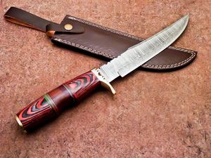 Hunting Knife Damascus Steel Camping Bowie Partially Serrated Edge Hardwood Handle <b>Hand</b>-<b>Casted</b> Brass Bolster 3-Year Warranty - Product Image 4
