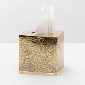 Couvercle carré de boîte à mouchoirs en or métallique avec un grain de bois gravé ou une texture de cercle concentrique abstrait, aux prix de gros. - Product Image 1