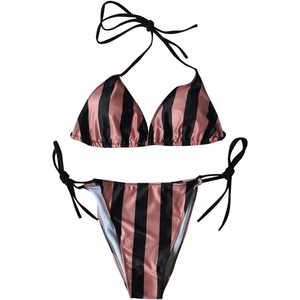 Women's Pink Black Striped Bikini Set Underwire Triangle Top Contrast <b>Binding</b> Tie Side Bottoms 2 Piece Stretch Fabric Beachwear - Product Image 4