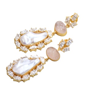 Premium Brass <b>Cluster</b> Earrings Gold Plated Zircon Raw Natural Stone Design High Polish Gold Plated Nickel Free Durable - Product Image 6