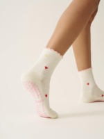 Chaussettes Club Grip Mini Heart Petal Trim Rouge Bleu Blanc Crew Demi-Mollet Antidérapantes Chaussettes de Yoga et de Pilates