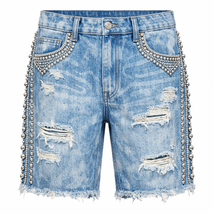 Pantalones cortos de mezclilla para hombre con logotipo personalizado del fabricante, doble rodilla, lavado ácido, vintage, estilo urbano regular, rectos, con bordado de pedrería - Product Image 1