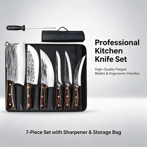 Ensemble de couteaux de chef, hachoir à viande, hachoir à os, manche en bois, motif martelé, acier inoxydable 3cr13, couteaux de cuisine avec sac de transport et aiguiseur - Product Image 5