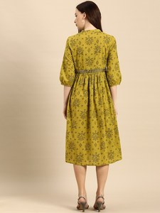 Vestidos de Algodón Suave para Mujer, Última Moda 2024, Estampados con Motivos Étnicos Verdes, Corte Evase, Manga Larga, Cuello en V, Vestido Elegante - Product Image 4