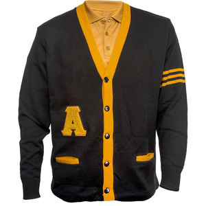 Custom APA fraternity Alpha black <b>cardigan</b> gold stripes V-Neck Women's Sweaters acrylic knitted chenille Solid <b>Front</b> Logo Winter - Product Image 1