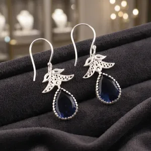 Women’s 925 <b>Sterling</b> <b>Silver</b> Bohemian Drop <b>Earrings</b> Geometric Pattern London Blue Topaz Bezel Set Handmade <b>Dangle</b> <b>Earrings</b> - Product Image 1