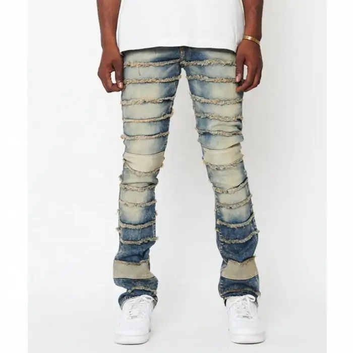 High Quality Men Denim Cargo Jeans Pants Fashion Custom Logo Summer Streetwear Blue Slim OEM Stacked Jean Men
