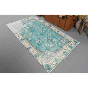 Alfombra vintage de 3.7x6.6 pies (114x202 cm), alfombra de lana turca azul con motivos de plantas y árboles - Product Image 2