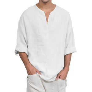 T-shirt à manches longues en coton et lin pour homme, décontracté, uni, léger, respirant, confortable, hauts de mode masculine - Product Image 2