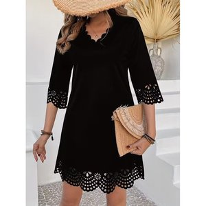 Vestido corto de crepé importado con estampado floral y corte láser, cuello en V y manga corta para mujer, 35370 - Negro - Product Image 3