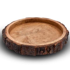 ZAMZAM IMPEX, venta al por mayor, bandeja redonda de madera para servir, bandeja con bordes de corteza de árbol, bandejas decorativas - Product Image 1