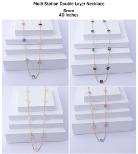 Délicat coloré multi oeil de chat forme ronde double couche station chaîne bijoux plaqué or lunette réglage câble chaîne collier - Product Image 2