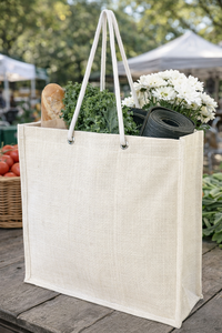 Sac fourre-tout et sac cadeau en jute réutilisable et écologique - Style bohème vintage, motif uni pour le shopping, la plage, les voyages et l'usage quotidien - Product Image 2