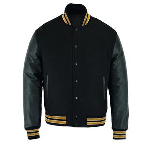 OEM Classic Men's Stand Collar Varsity Lettermen Baseball Jacket Black <b>Wool</b> With <b>Gold</b> Trim Leather Sleeves Winter Jacket Low MOQ - Product Image 1