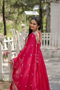 Red Fancy Designer Salwar Kameez Dupatta Indian Women's Party Wear Floor-Length Quick Dry Faux Georgette Regular Fit All Seasons - Product Image 3