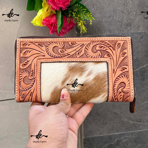 Cartera de cuero de piel de vaca con herramientas manuales para mujer, monedero Continental con cremallera, estuche para tarjetas, bolso de mano con estilo tallado marrón occidental - Product Image 1
