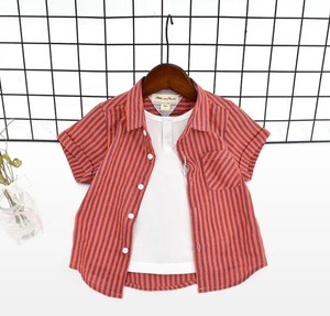 Conjunto de dos piezas de camisa de solapa de manga corta para niños a rayas transpirables de algodón informal para niños - Product Image 6