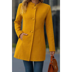 Manteau court en cachemire pour femme, à manches longues, col mandarin, boutonnage frontal, détail poche, 29615 - Jaune - Product Image 2