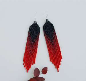 Black <b>Red</b> Chandelier Gradient Fringe <b>Earrings</b> Ombre Dangle Beadwork <b>Earrings</b> - Product Image 3