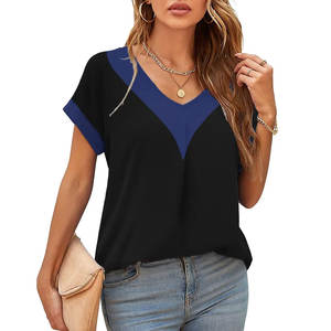 Venta caliente de las mujeres de cuello en V de manga corta Camisetas 100% de algodón transpirable estilo Casual al por mayor con la etiqueta del logotipo personalizado para el verano - Product Image 2