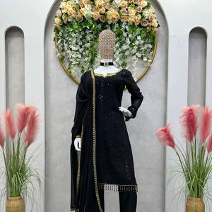 Nuevo diseñador de ropa de fiesta Faux Georgette hermosa secuencia de trabajo bordado Top con pantalón con borde de encaje Dupatta listo para usar - Product Image 1