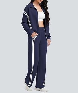 Tenues de salon 2 pièces pour femmes Zip Up Sweat Set Contraste Rayé Pantalon de jogging à jambes larges Survêtement de voyage - Product Image 3