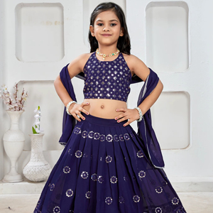 Conjunto de Lehenga Choli Shoryam para Niñas, Azul Marino, con Lentejuelas, Completamente Cosido, Largo hasta el Suelo, con Dupatta, Ropa Étnica para Fiestas y Bodas | - Product Image 1