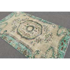 Tapis Oriental Vert Beige Laine 4.2X7.3 ft Fait Main Turc Aubusson Design pour Salon Couloir Patchwork Rectangle Latex - Product Image 4