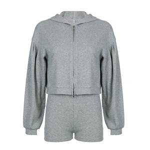 Ensemble sweatshirt et short à capuche pour la course ODM, <span class=keywords><strong>gilet</strong></span> de sport tricoté en fil gris, imprimé à fermeture éclair, teint uni - Product Image 3