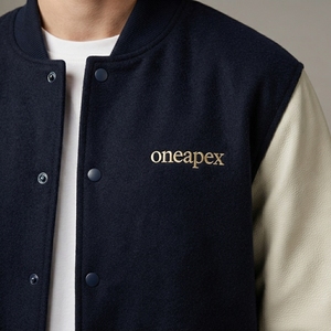 <b>Men's</b> Navy <b>Blue</b> Wool Jacket Cream Sleeves Custom Logo Rib Knit Collar Cuffs Snap Front Premium Streetwear Bomber Outerwear Style - Product Image 4