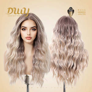 Zoey-DWY <b>Long</b> Wavy Synthetic <b>Wig</b> with T-Part Lace Front for Ombre Blonde Color Light Brown Lace - Product Image 4