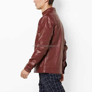 แจ็กเก็ตหนังพอดีตัวสำหรับผู้ชายเบอร์กันดีมีปกตั้งและมีกระเป๋าซิปเหมาะสำหรับเสื้อผ้าลำลองแบบสมาร์ท - Product Image 4