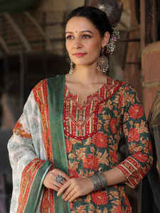 Ensemble Kurta Droit Traditionnel en Coton Imprimé Vert Orange à Motifs Floraux avec Col Cranté et Dupatta pour Femme – Idéal pour les Fêtes - Product Image 2