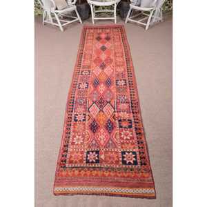 Turkish Vintage Rug, 2.7x11.9 ft <b>Runner</b> Rug, <b>Red</b> Herki Oriental Rug - Product Image 1