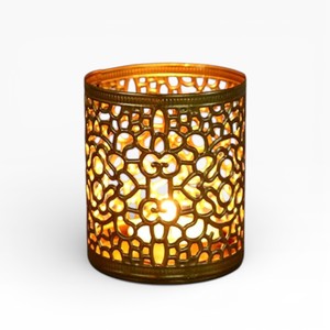 Grand Porte-Bougie Votif en Métal Noir avec Motif de Feuilles Verticales et Finition Intérieure Dorée - Product Image 5