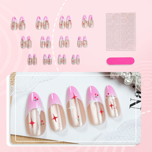 Lot de 24 faux ongles en amande à presser : Design français violet avec étoiles et <span class=keywords><strong>cerises</strong></span> peintes à la main – Kit d'ongles préfabriqués - Product Image 2