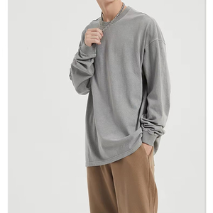 เสื้อยืดผ้าฝ้าย100% สีพื้นสำหรับผู้ชายย้อนยุค310กรัมฟอกสีได้ทรงหลวม - Product Image 1