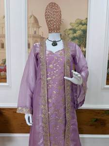 Conjunto de Salwar Kameez Anarkali de Seda con Borde Recto y Color Brillante, con Foto Real Adjunta / Kurti con Envío Gratuito a Todo el Mundo - Product Image 4