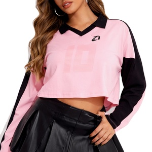 Camiseta de Fútbol Americano para Mujer, Estilo Casual, Rosa y Negra, Manga Larga, Corte Recortado, Paneles en Contraste, Ajuste Delgado, Moda Urbana - Product Image 1