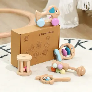 Penjualan terlaris grosir kustom lonceng tangan kayu bayi musikal pelangi sensorik pengocok pergelangan tangan mainan set untuk bayi baru lahir