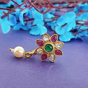 Indian Wholesale Jewellery Nose Ring <b>Stud</b> Floral Faux Pearl Drop Crystal Traditional Wedding Indian Jewellery Set, Multi Color - Product Image 2